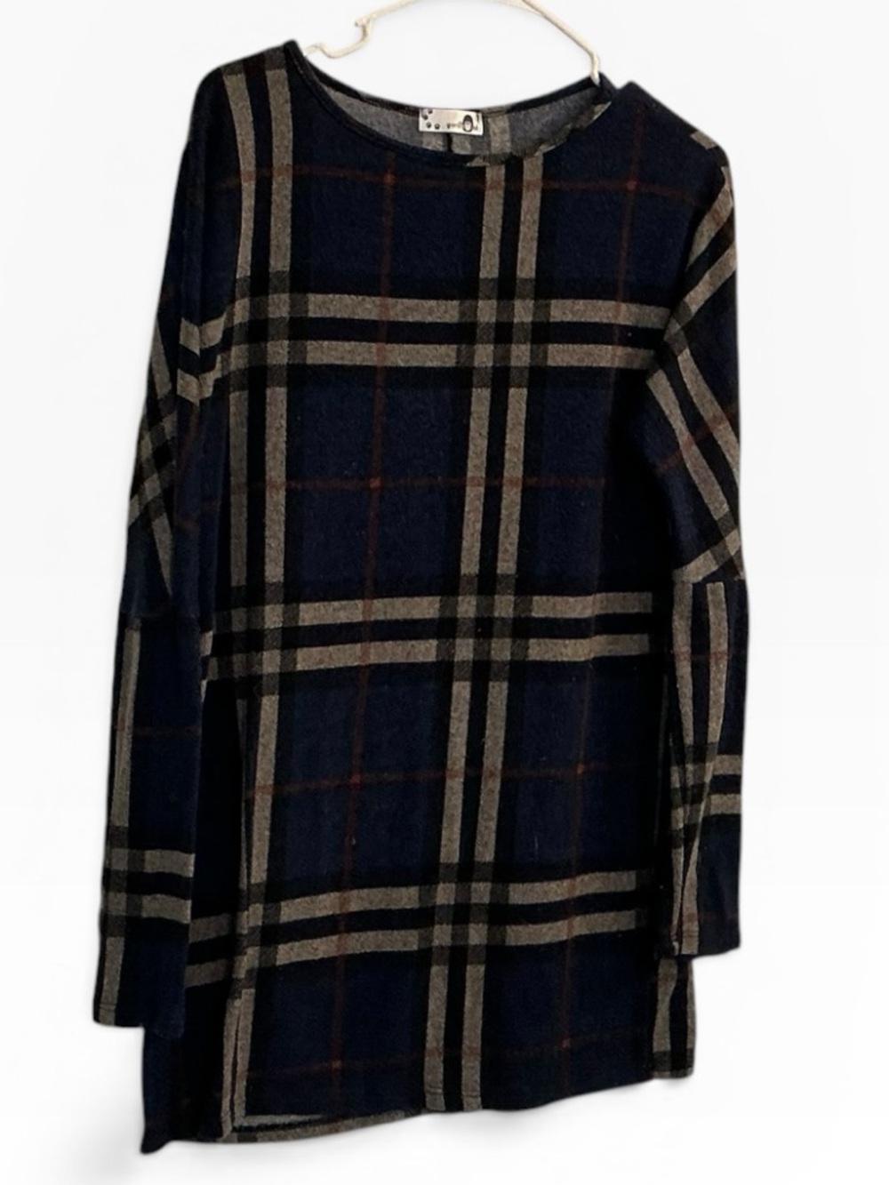 Plaid Long Sleeve Tunic Top - Navy